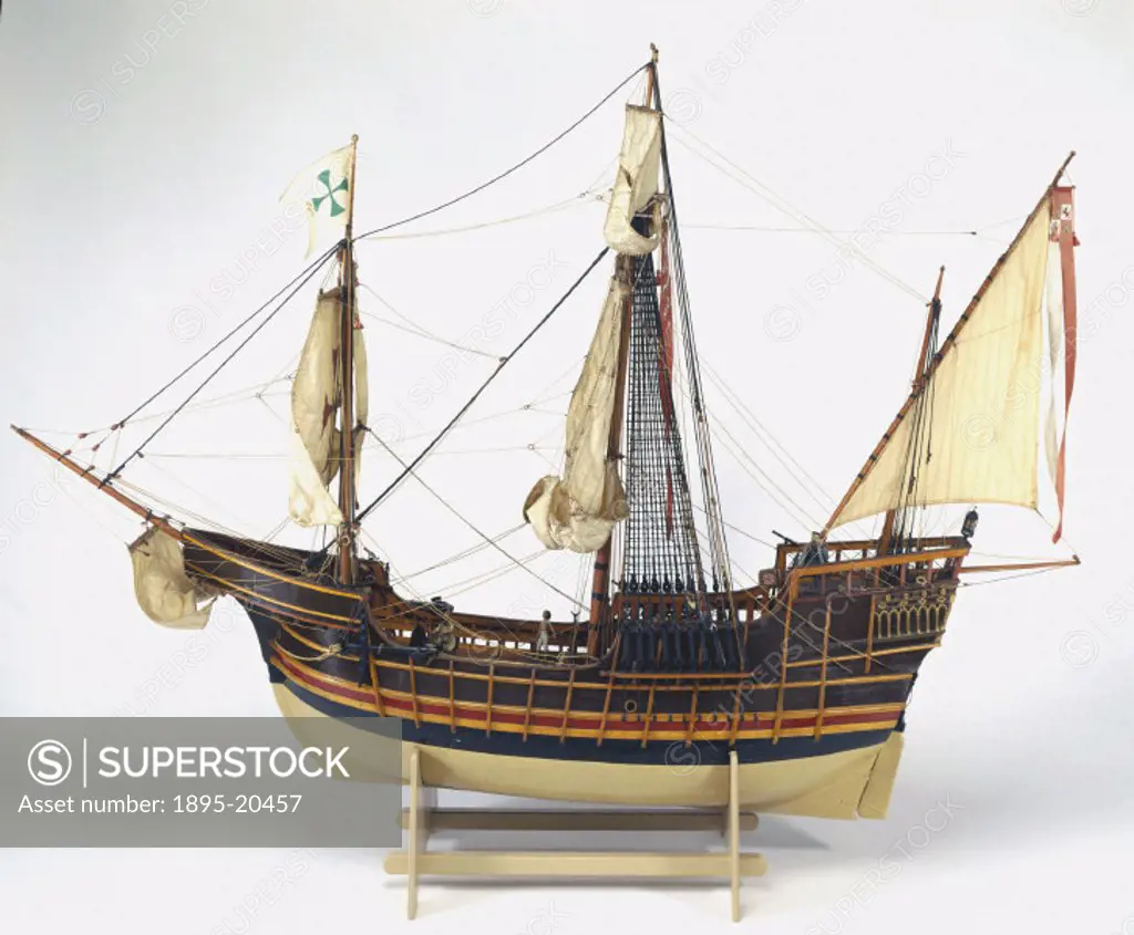 Rigged model (scale 1:20) representing the flagship of the expedition that discovered the Americas in 1492. Sponsored by King Ferdinand and Queen Isab...