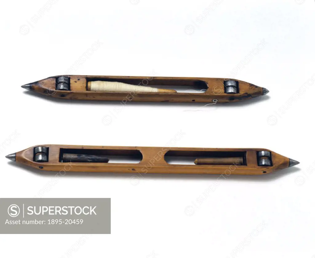 These two shuttles are of a type designed for use on the fly shuttle loom, introduced by John Kay (1704- c 1780) in 1733. They have iron-tipped ends, ...