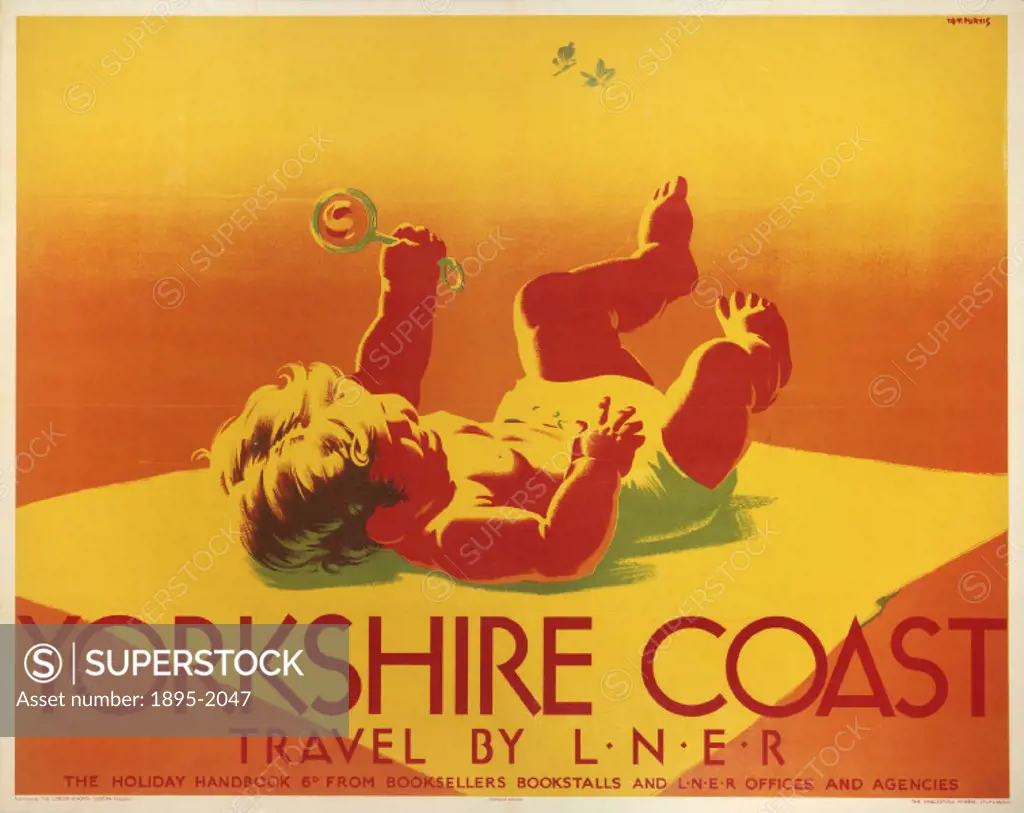Poster produced for the London & North Eastern Railway (LNER) to promote rail travel to the Yorkshire coast. The poster shows a baby lying on its back...