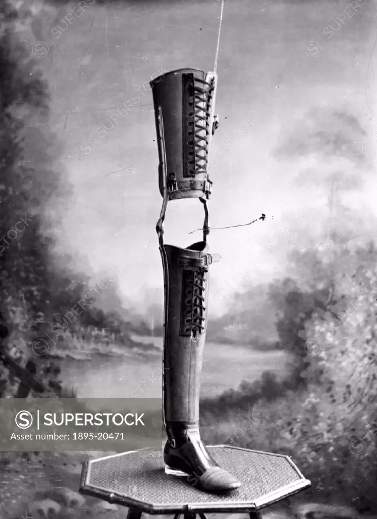 Studio photograph of an artificial leg. The leg was manufactured by James Gillingham (1839-1924), a boot- and shoemaker based in Chard, Somerset. Gill...