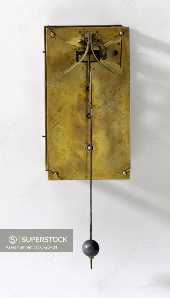 View of pendulum. This clock by Salomon Coster (d 1659) of the Netherlands is one of the earliest pendulum clocks ever made. The Dutch scientist Chris...