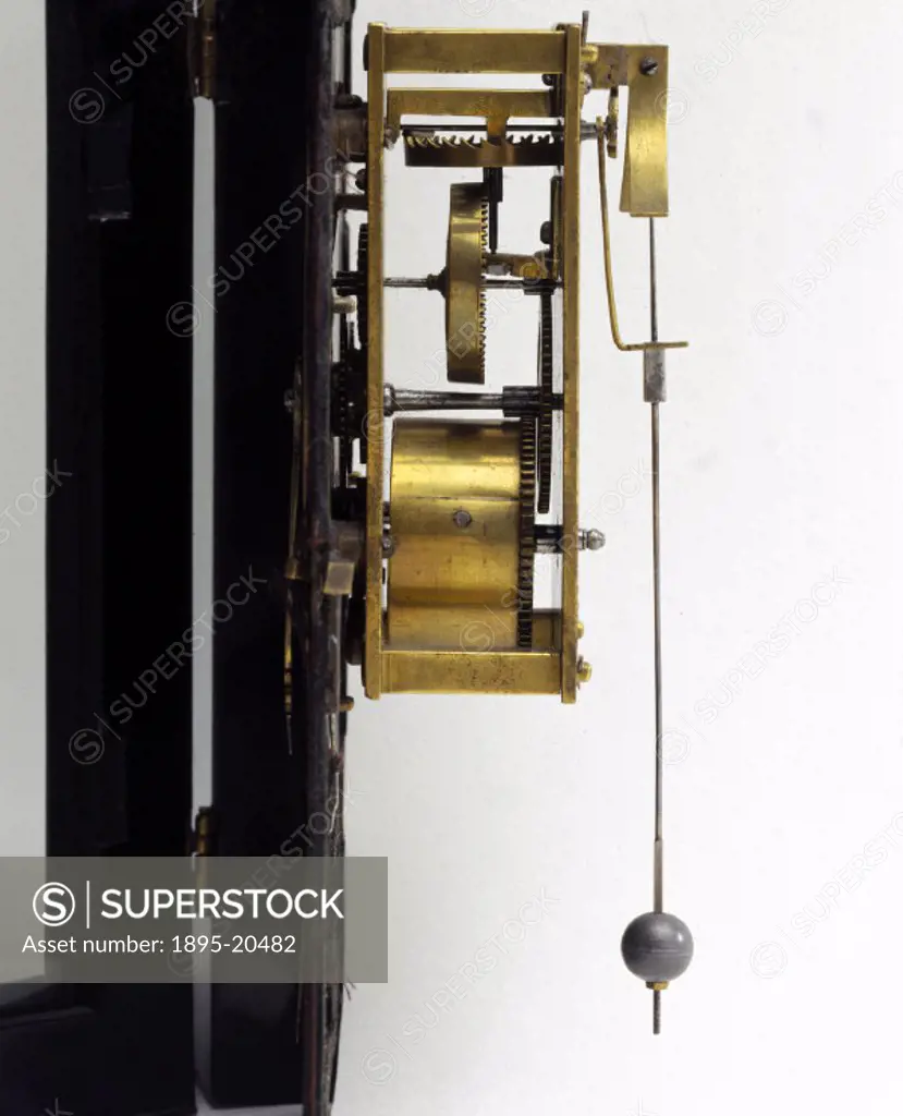Detail of mechanism and pendulum. This clock by Salomon Coster (d 1659) of the Netherlands is one of the earliest pendulum clocks ever made. The Dutch...
