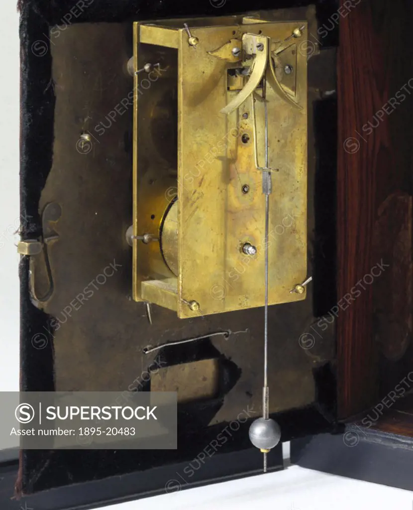Detail of mechanism and pendulum. This clock by Salomon Coster (d 1659) of the Netherlands is one of the earliest pendulum clocks ever made. The Dutch...