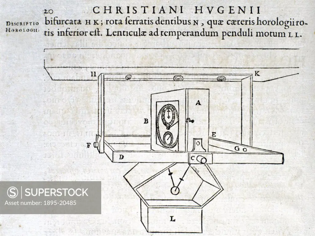 Illustrated plate from ´Horologium Oscillatorium´ (1673) by Christiaan Huygens, showing part of the mechanism of a pendulum clock. Huygens (1629-1693)...