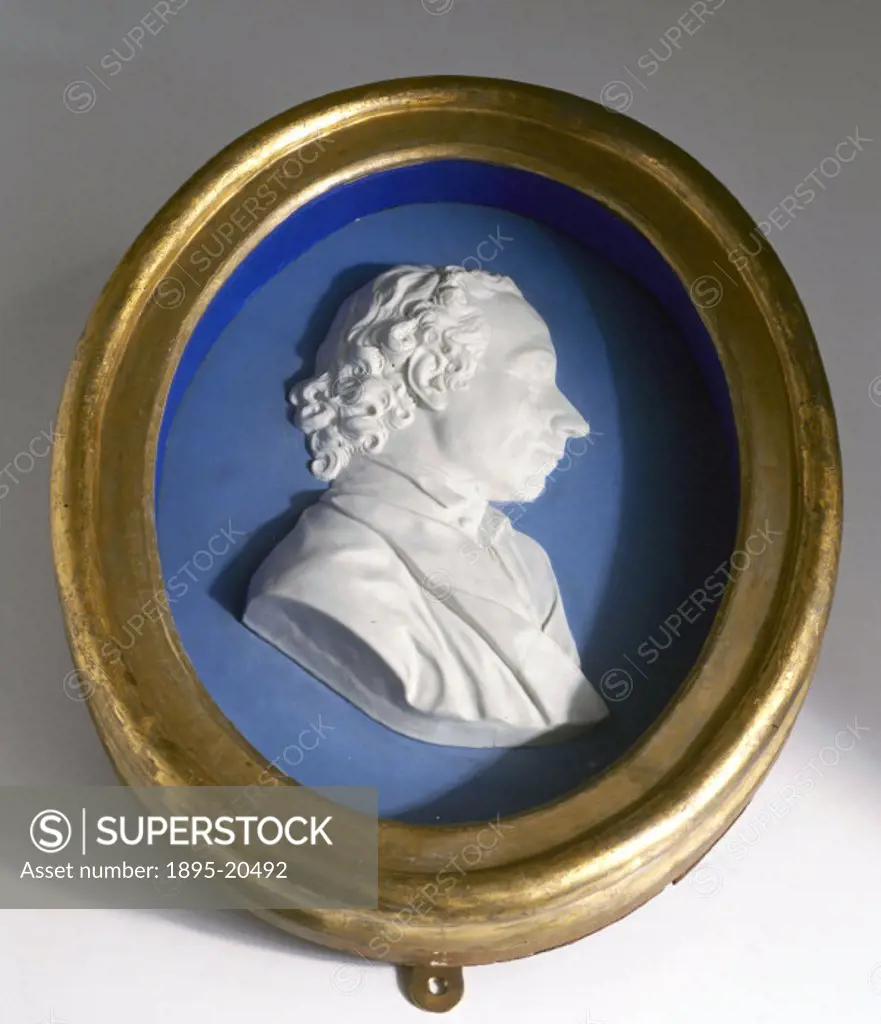 Framed oval jasperware plaque made c 1860-1868 at the Wedgwood factory at Stoke-on-Trent, Staffordshire, with a cameo portrait of Priestley by John Fl...