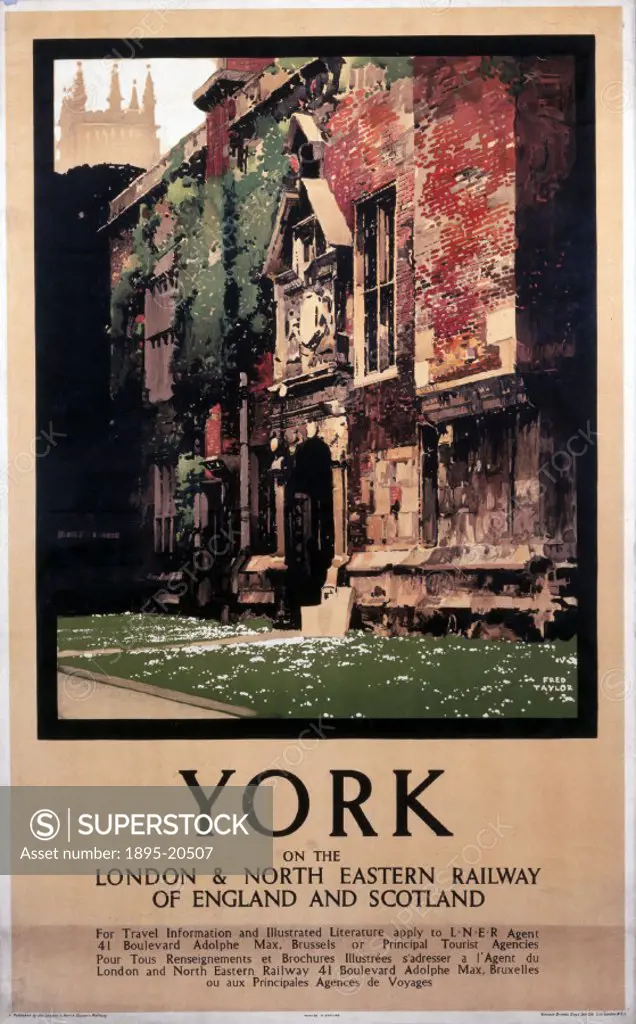 Poster produced for the London & North Eastern Railway (LNER), issued for display in Belgium, showing King´s Manor in York, with the Minster in the ba...