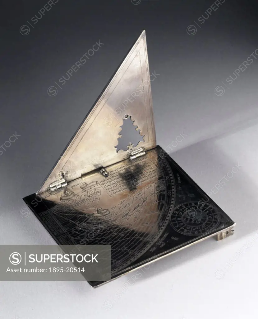 This pocket sundial, made of silver and signed with the name Humphrey Cole, is set for use in a latitude of 51 degrees, 30 seconds (that of London). T...