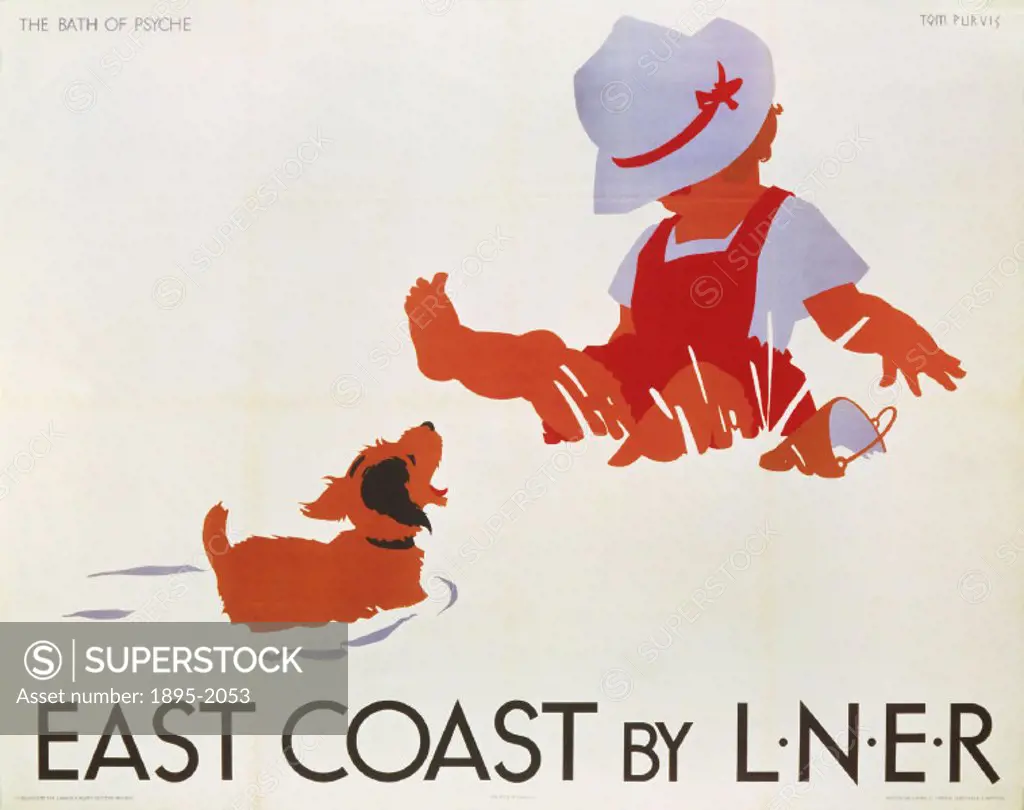 Poster produced by London & North Eastern Railway (LNER) to promote rail travel to the East Coast of England. The poster shows a small girl sitting in...