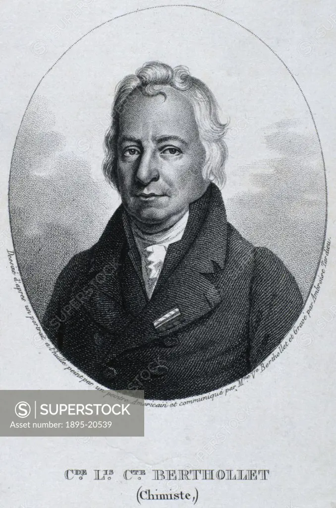 Engraving by Ambroise Tardieu. Comte Berthollet (1748-1822) was a French chemist who was elected to the Academy of Sciences in 1781. He helped Antoine...