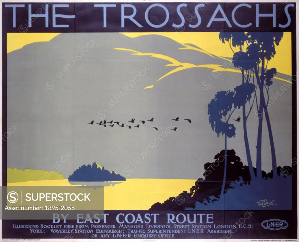 Poster produced by London & North Eastern Railway (LNER) to promote train services to The Trossachs in Scotland via the East Coast route. The poster s...