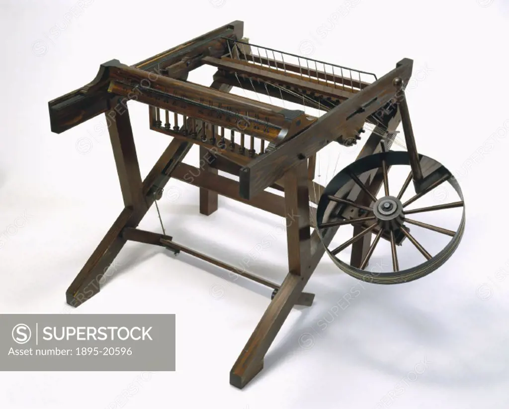 A reconstruction of James Hargreaves (c 1720-1778) original of c 1765. The Spinning Jenny was a hand-powered multiple spinning machine and the first ...