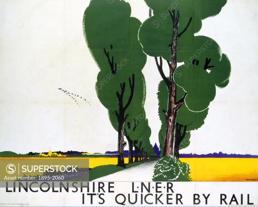 Poster produced by London & North Eastern Railway (LNER) to promote rail travel to Lincolnshire. Artwork by Tom Purvis (1888-1957), who rallied for th...