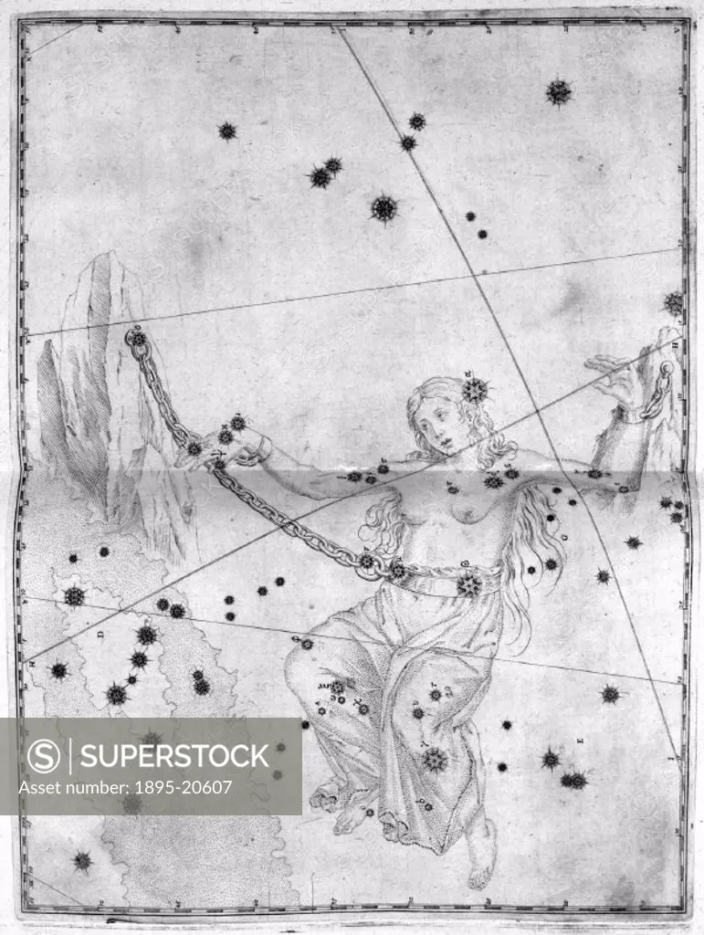 Illustration taken from ´Uranometria´ (1603) by Johann Bayer, showing the star constellation of Andromeda (daughter of Cepheus and Cassiopeia in Greek...