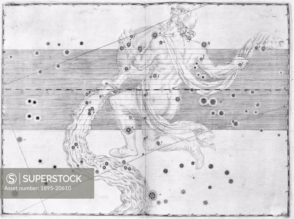 Illustration taken from ´Uranometria´ (1603) by Johann Bayer, showing the zodiacal constellation of Aquarius (the Waterbearer). German astronomer and ...