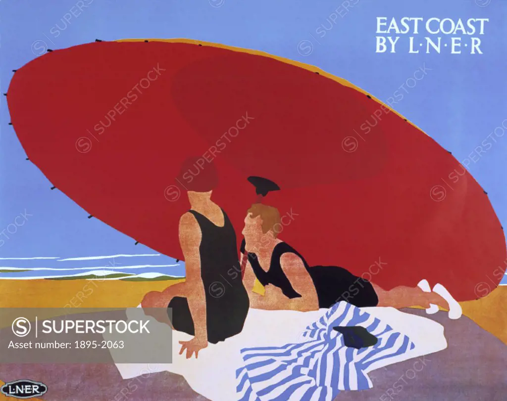 Poster produced for London & North Eastern Railway (LNER) to promote rail travel to the East Coast of England. The poster sows two women sitting under...