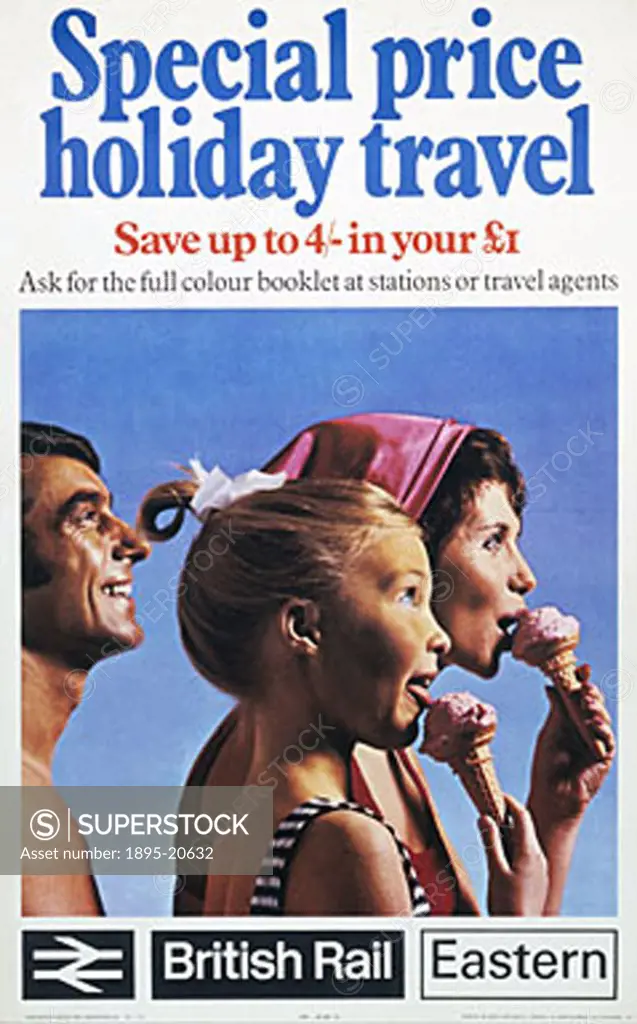 Poster produced for British Rail (BR) Eastern Region (ER), promoting special fares for holiday travel, showing a family, dressed for the beach, eating...