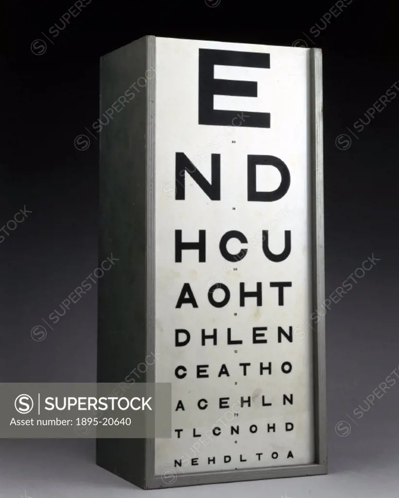 This chart, with rear illumination, is for testing visual acuity. The board displays letters decreasing in size and increasing in number.