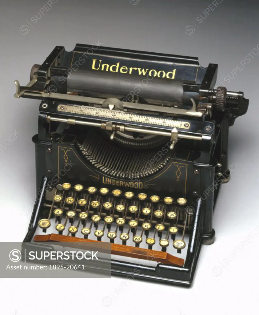Underwood No 1 typewriter, 1897. This was the first typewriter with a writing area facing the user and type bars that stay out of sight until a key is...