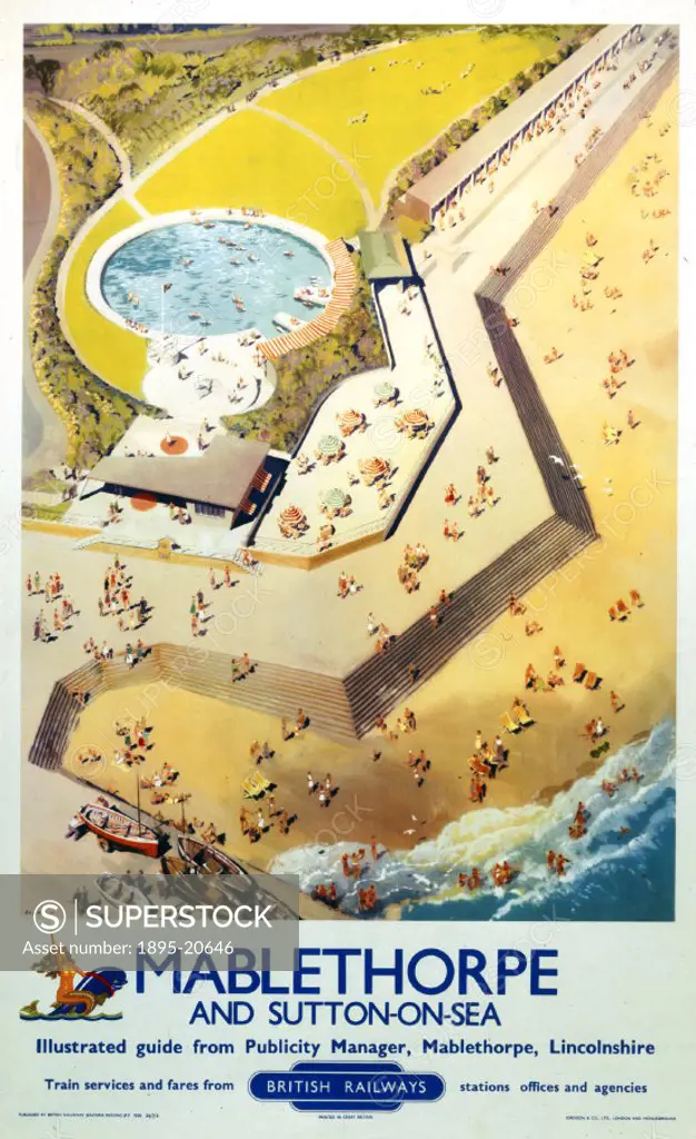 Poster produced for British Railways (BR) Eastern Region (ER), promoting rail travel to the Lincolnshire seaside resorts of Mablethorpe and Sutton-on-...