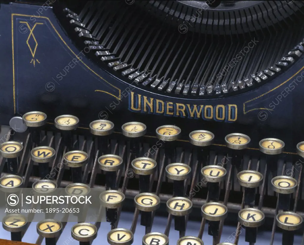 Detail of Underwood No 1 typewriter, 1897. This was the first typewriter with a writing area facing the user and type bars that stay out of sight unti...