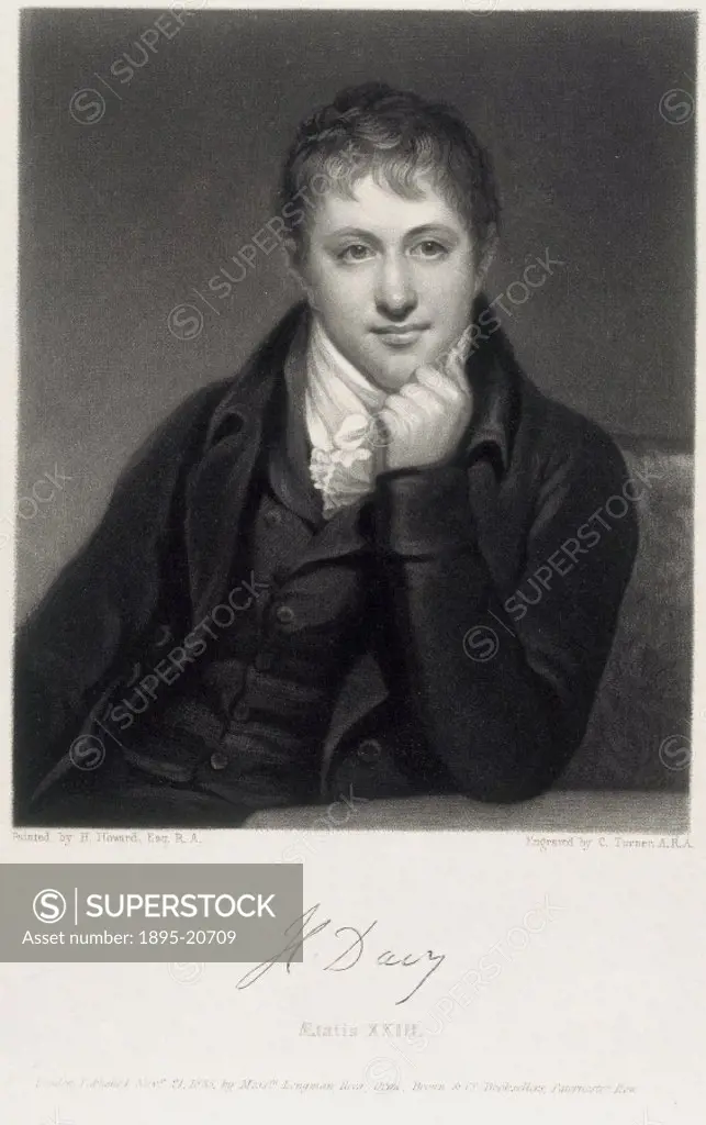 Mezzotint by C Turner after a painting by Henry Howard. Whilst at the Pneumatic Institute in Bristol, Davy (1778-1829) discovered the anaesthetic effe...