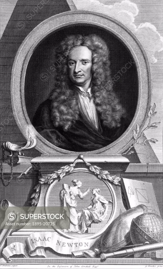Engraving by J Houbraker after a painting by Sir Godfrey Kneller (1646-1723). Isaac Newton (1642-1727) graduated from Trinity College, Cambridge in 16...