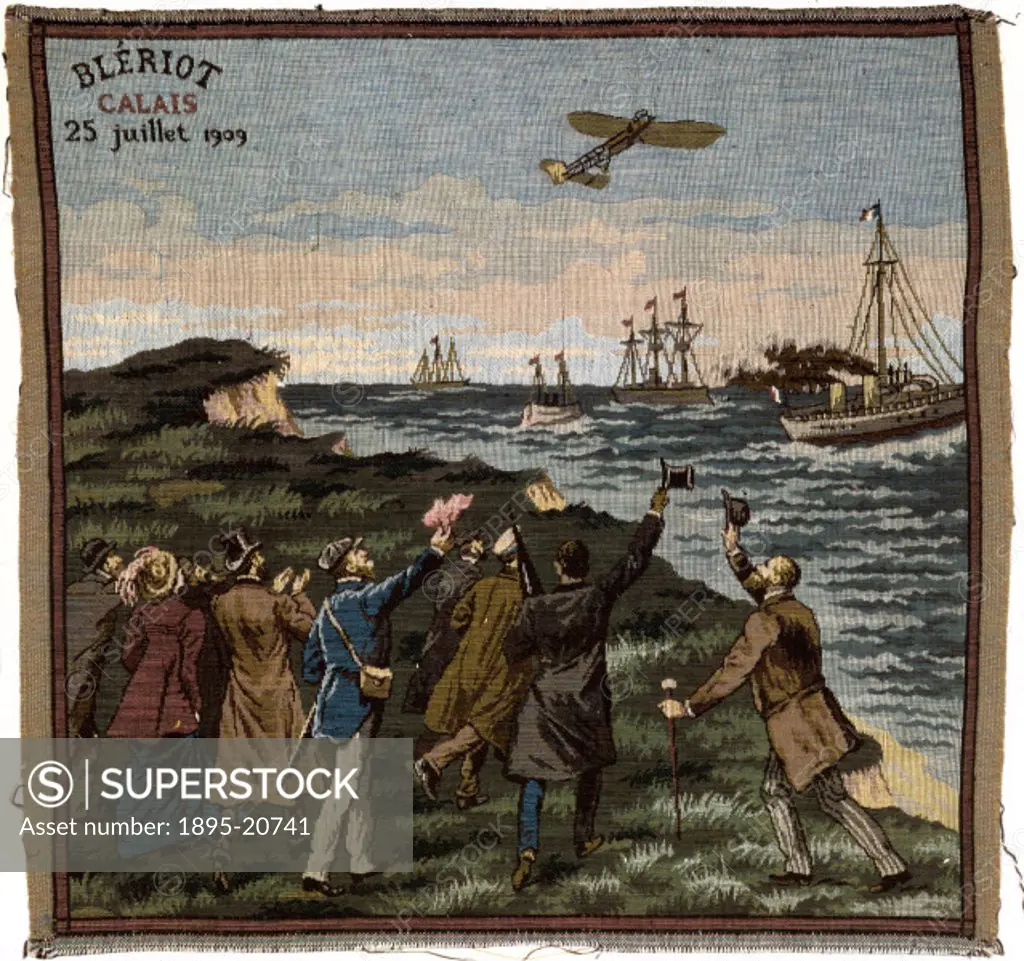 Woven tapestry showing the 25 hp ´Type XI´ monoplane flown by French aviator Louis Bleriot (1872-1936) setting off from Calais at the beginning of the...