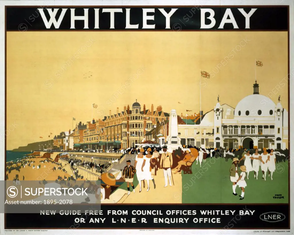 Poster produced by London & North Eastern Railway (LNER) to promote train services to Whiteley Bay, Tyne and Wear. Artwork by Fred Taylor (1875-1963),...
