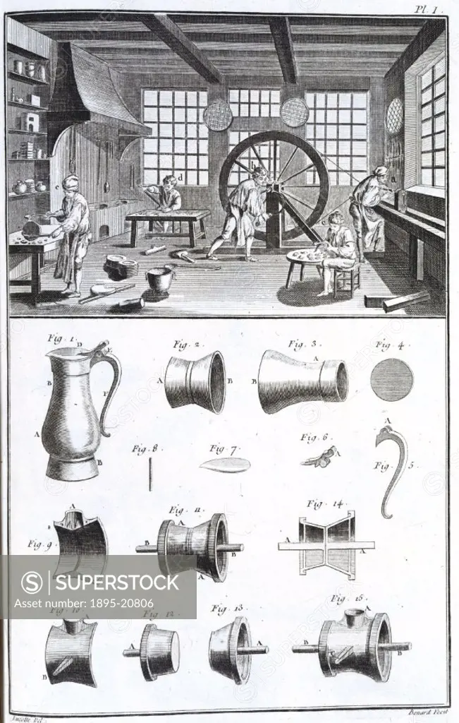 Engraving showing craftsmen producing pewter items in their workshop. A man (centre) hand-cranks a drive-belt to power a lathe or drill. Below are exa...