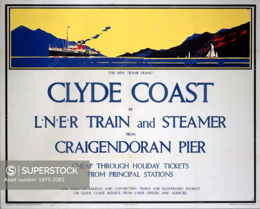 Poster produced by London & North Eastern Railway (LNER) to promote train and steamer services to the Clyde Coast from Craigendoran Pier. Artwork by F...