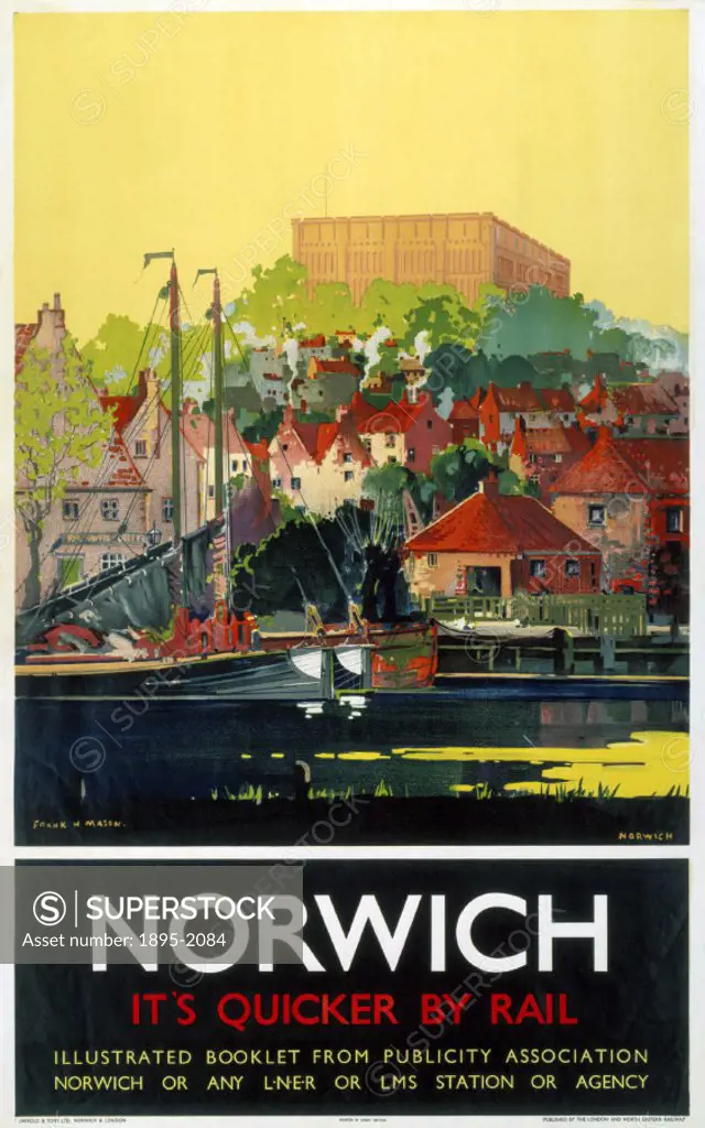 Poster produced for the London & North Eastern Railway (LNER), to promote rail services to Norwich, Norfolk. The poster shows a view of Norwich from t...