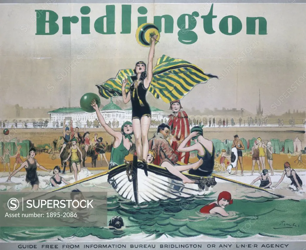 Poster produced for the London & North Eastern Railway (LNER) to promote rail services to the Yorkshire coastal resort of Bridlington. The poster pres...