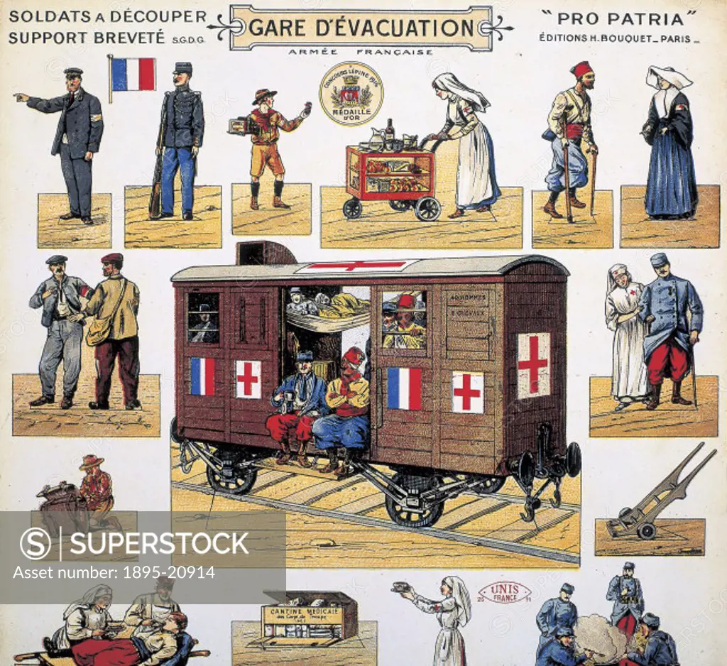 Detail of a sheet of pictures entitled Gare d’Evacuation’, relating to a French war-time evacuation station, showing a Red Cross railway carriage sur...