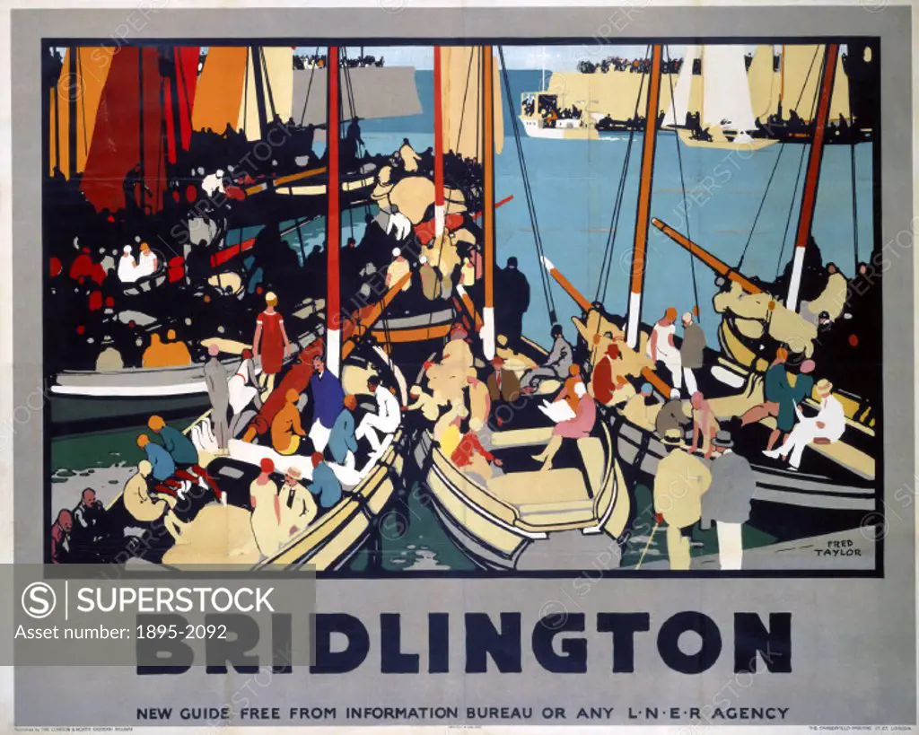 Poster produced for London & North Eastern Railway (LNER) to promote rail travel to Bridlington, Yorkshire. The poster shows several boats crowded wit...
