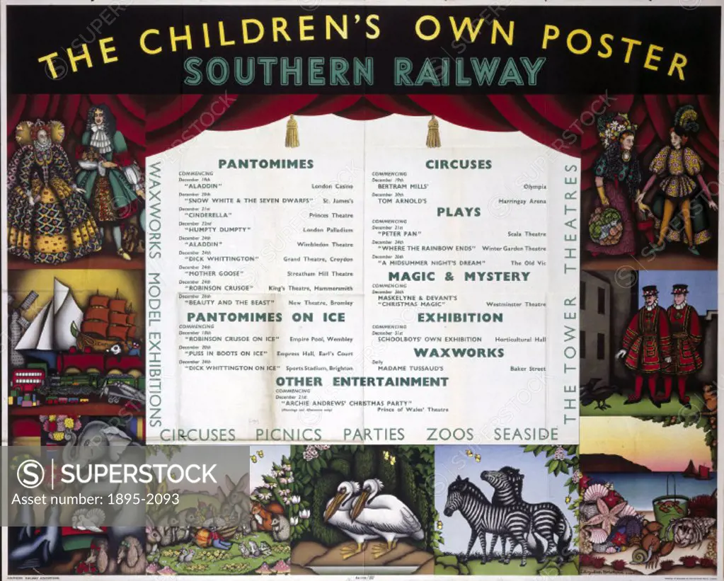 Poster produced for the Southern Railway (SR), illustrating a variety of activities and entertainments aimed at children, such as pantomines, circuses...
