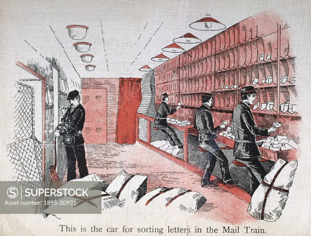 Illustration from ´The Book of Trains´, a children´s book about railways, showing postal workers sorting mail on the mail train. The spread of the rai...