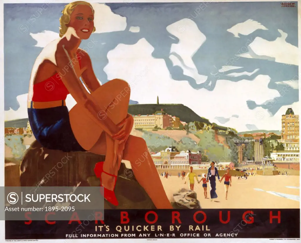 Poster produced for London & North Eastern Railway (LNER) to promote rail travel to Scarborough, North Yorkshire. The poster shows a bathing belle sit...