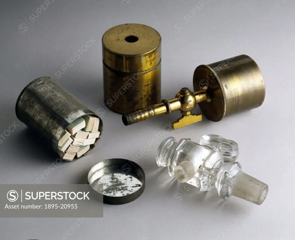 The glass tap, brass supports for the test papers and a canister of test papers from John Smyths ozonometer. To test ozone levels in the atmosphere, ...