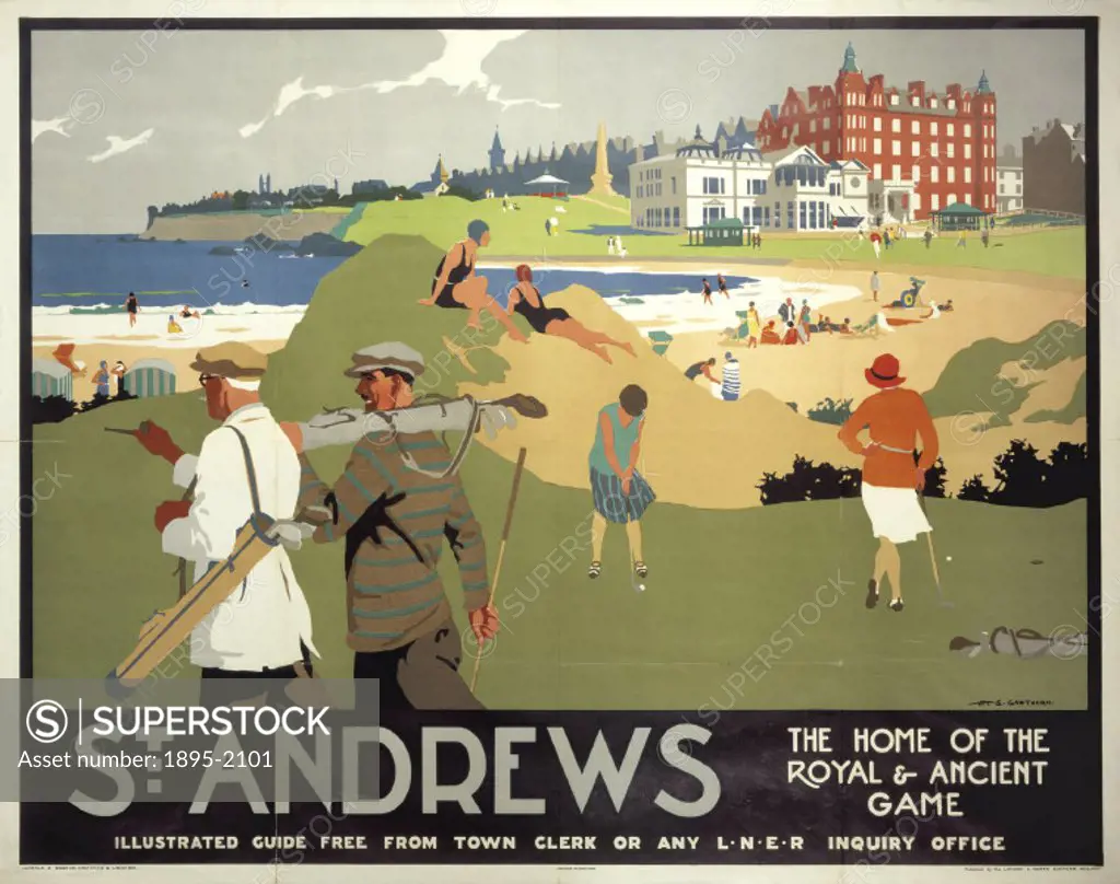 Poster produced for the London and North Eastern Railway (LNER) to promote rail services to St Andrews, home of the royal and ancient game’ of golf. ...