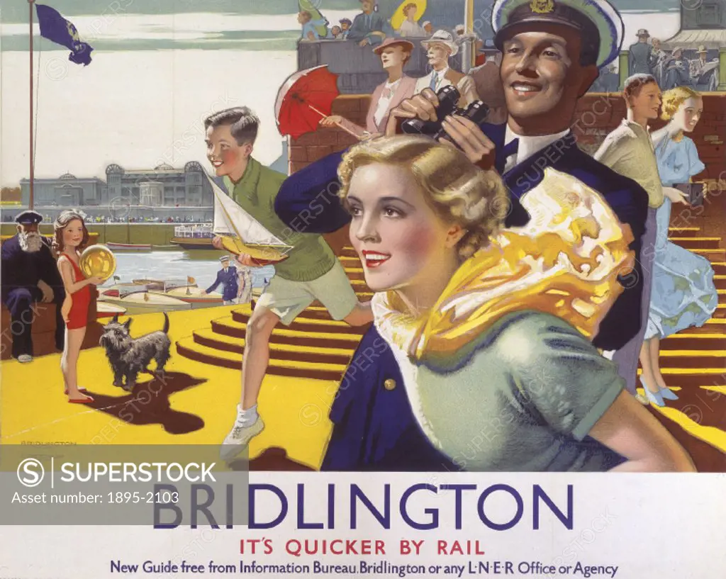 Poster produced for London & North Eastern Railway (LNER) to promote rail travel to Bridlington, Yorkshire. The poster shows the seaside resort of Bri...