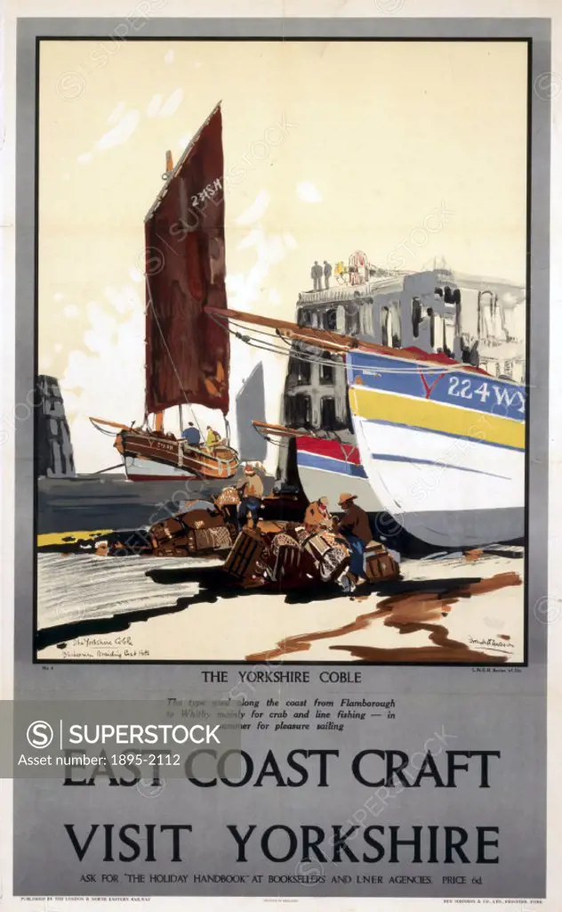 London & North Eastern Railway poster, No 4, The Yorkshire Coble´, showing Coble boats, which were used along the coast from Flamborough to Whitby fo...