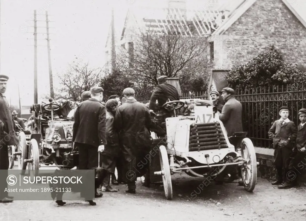 Photograph taken from an album of images compiled by English motor car manufacturer Charles Stewart Rolls (1877-1910), showing Rolls´ Panhard (front) ...