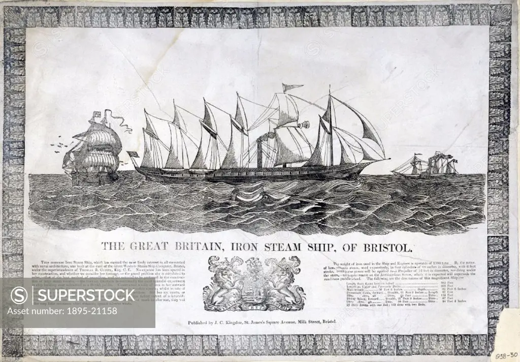 Contemporary broadsheet of the screw steamer Great Britain. The SS Great Britain’ was the first screw-propelled vessel to cross the Atlantic, as well...