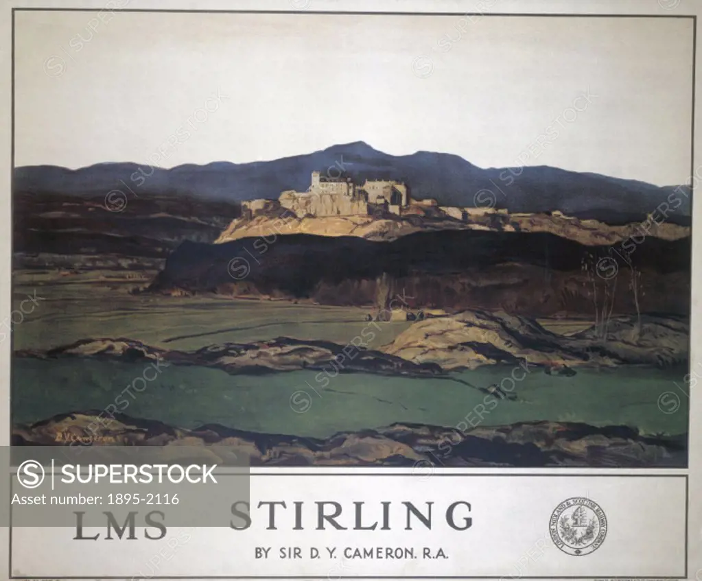 Poster produced for the London Midland & Scottish Railway (LMS) to promote rail travel to Stirling, Scotland. The poster shows a view of Stirling Cast...