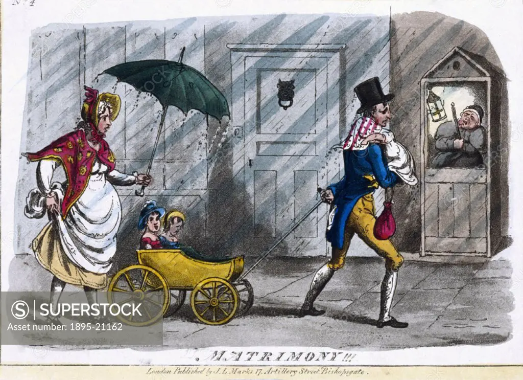 Coloured etching satirising matrimony, showing a family walking along a street in the pouring rain. While the wife and mother at the back of the group...