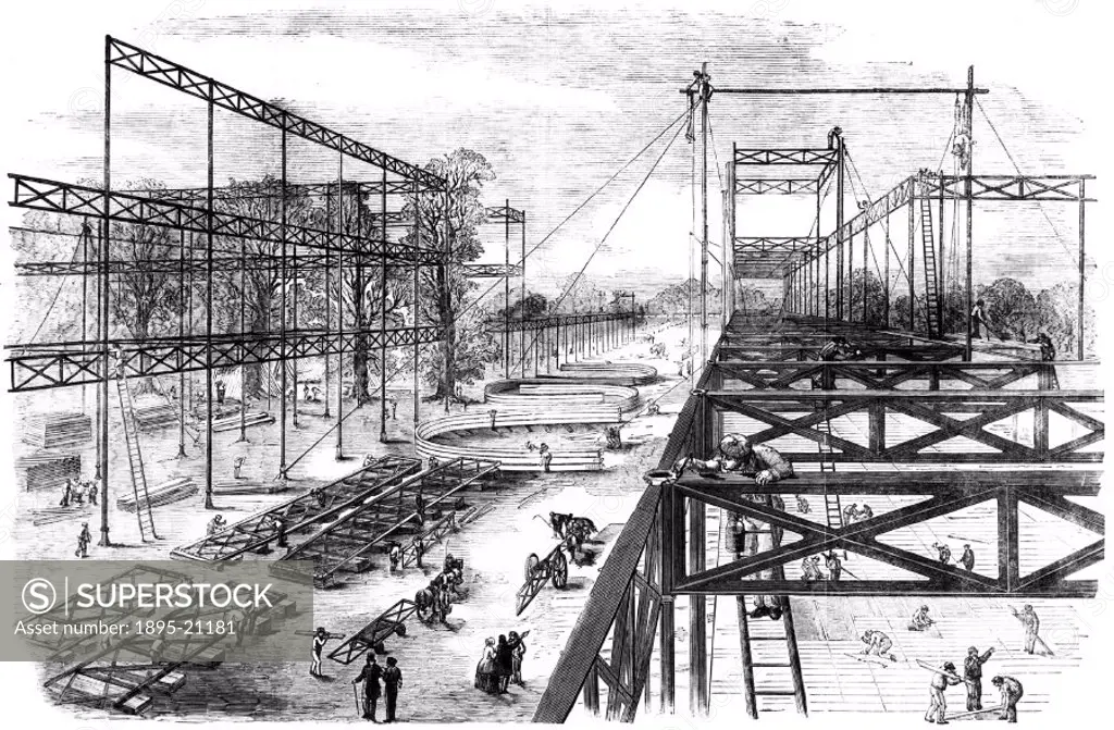 Constructing the Crystal Palace, London, 1850. Plate taken from the Illustrated London News (Vol 50/2 p 389), showing a view of construction work from...