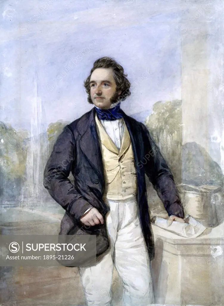 Three-quarter length watercolour portrait of Sir Joseph Paxton (1801- 1865) standing beside a desk with an architectural drawing in his left hand. Pax...