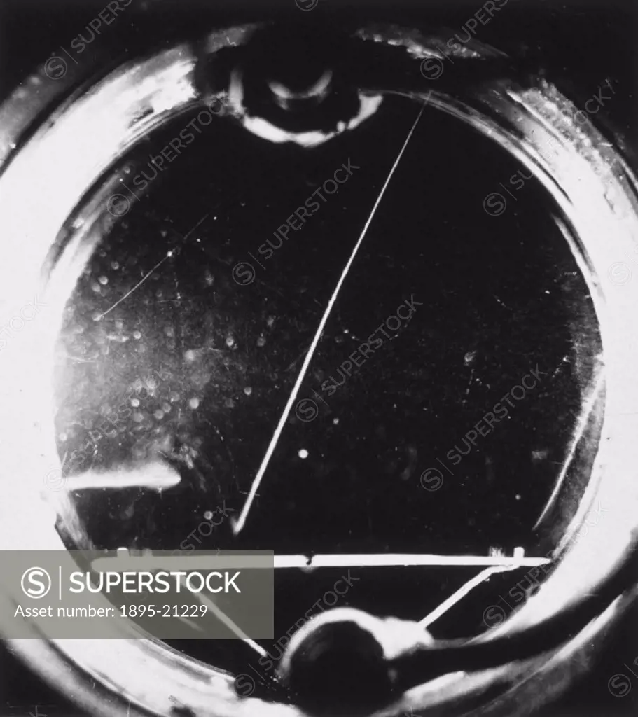 A cloud chamber photograph showing a proton ejected from a layer of paraffin wax by neutrons of beryllium bombarded by alpha rays from polonium. A cir...