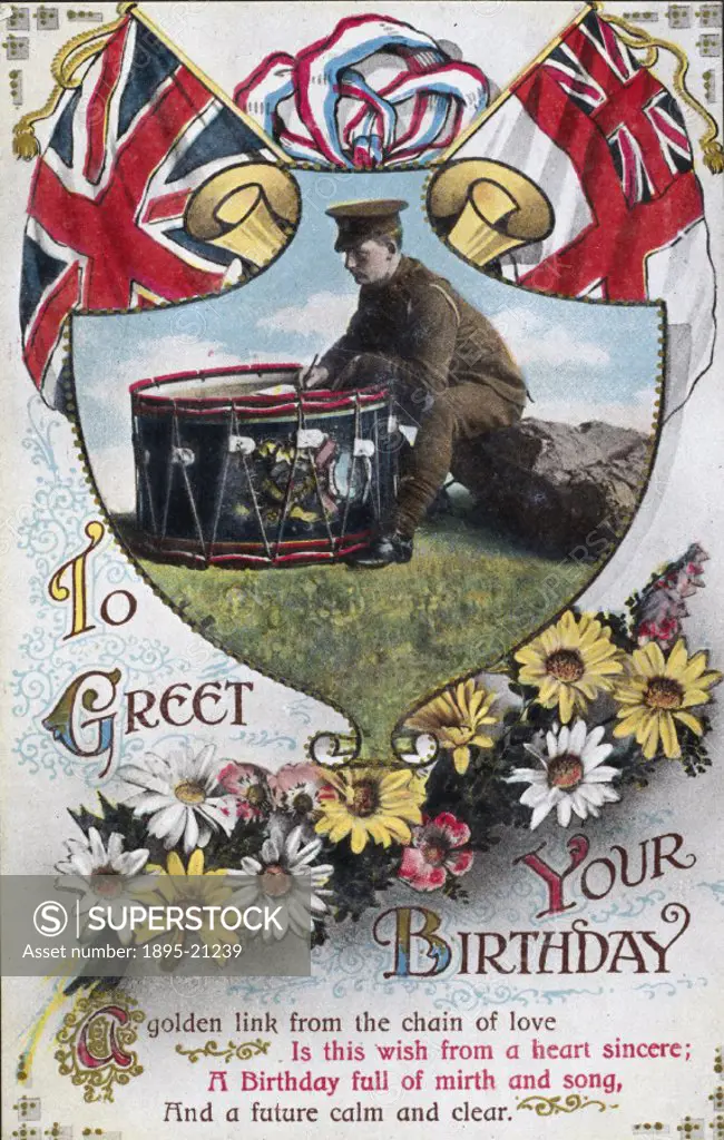 A birthday postcard sent to a loved one by a soldier at the front during the Great War (1914-1918). The soldier is depicted resting on a drum as he wr...