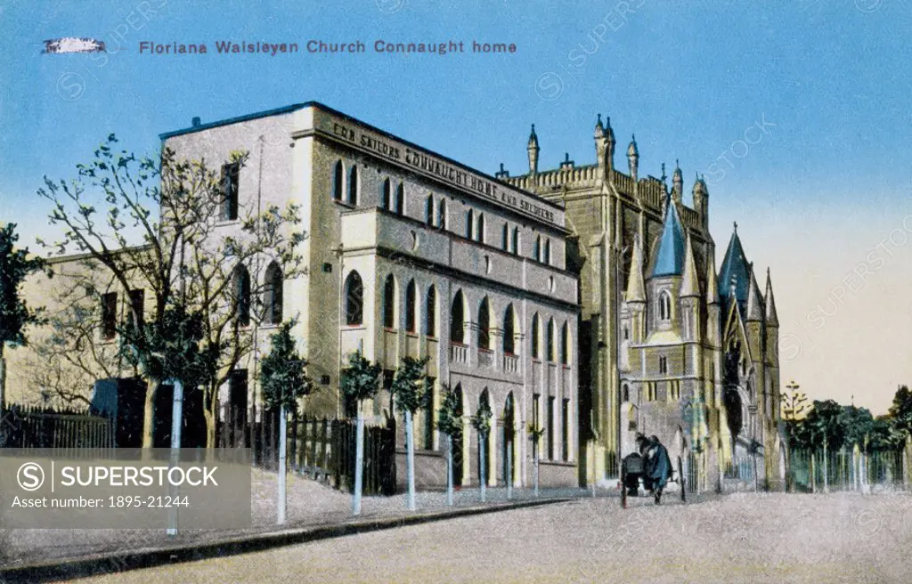 Postcard showing a colour illustration of a church and the Duke of Connaught´s home in Floriana, a small town near the capital city of Malta, Valletta...